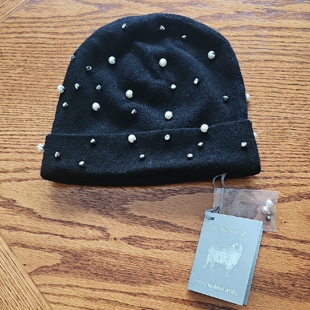 Hannah Rose Black Beanie with Pearl Accents